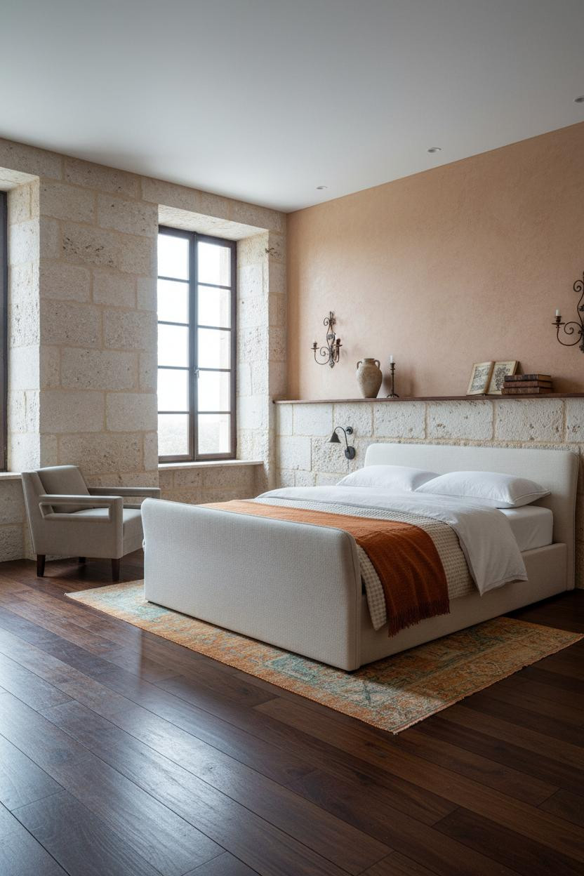 Mediterranean Bedroom Limestone Wainscoting Coastal