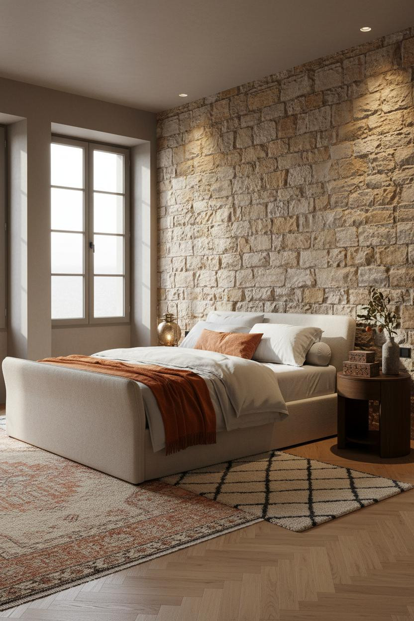 Mediterranean Bedroom Spanish Stone Accent Wall