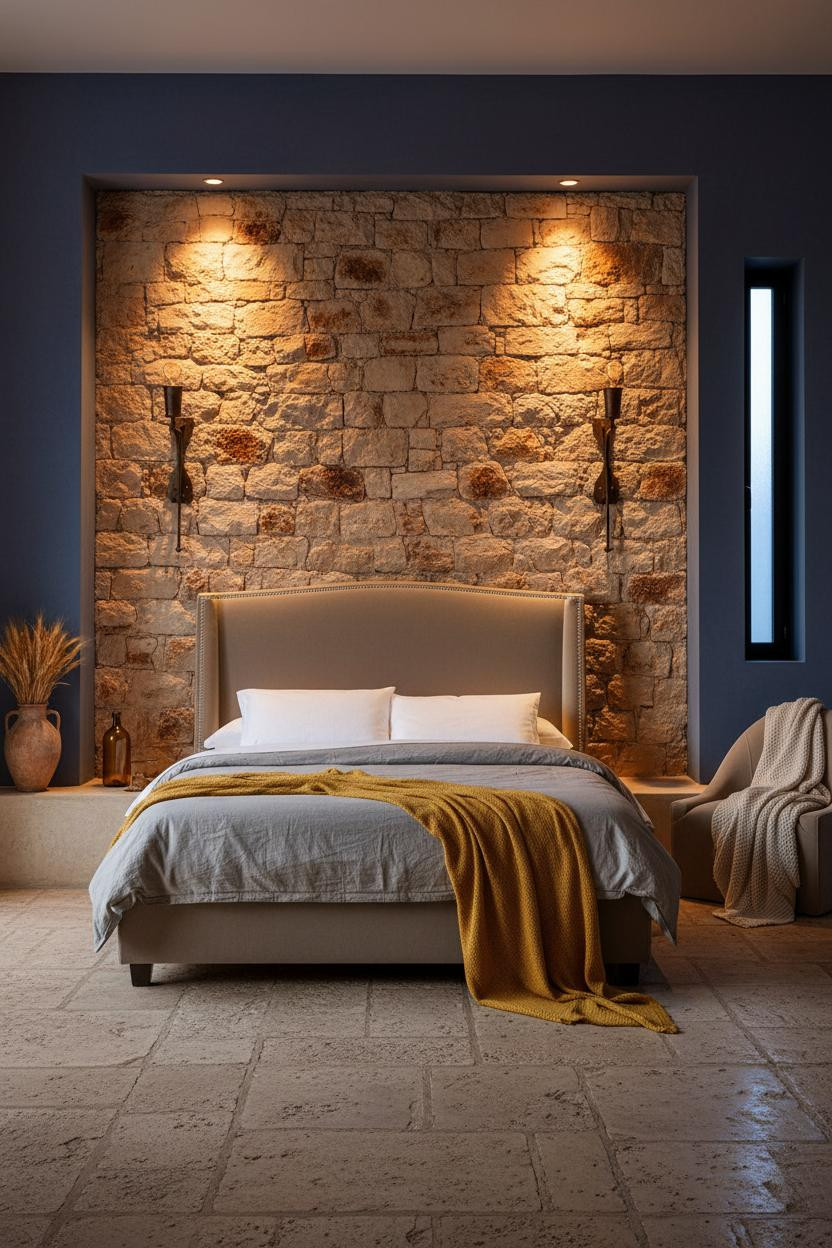 Mediterranean Bedroom Stone Accent Wall Spanish Modern