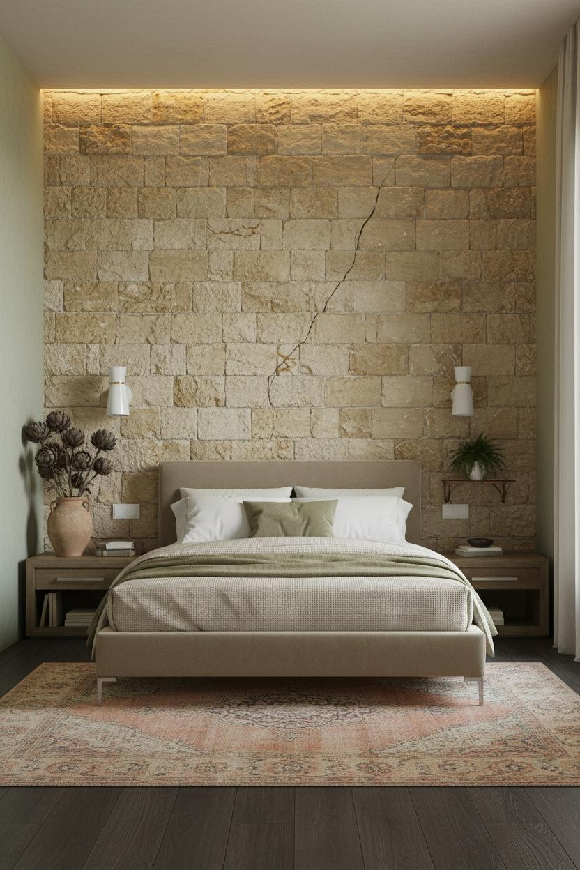 Mediterranean Bedroom Tuscan Limestone Accent Wall