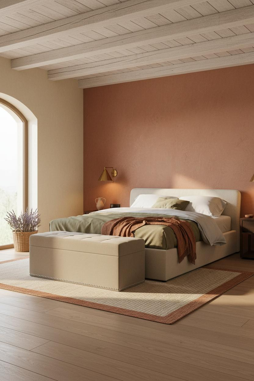 Mediterranean Bedroom Whitewashed Beams Terracotta