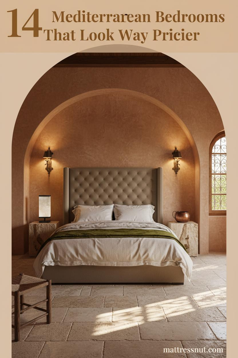 Mediterranean bedroom with camel plaster arched alcove, iron sconces, limestone tile floor, ivory linen bedding, olive throw, and carved stone nightstand