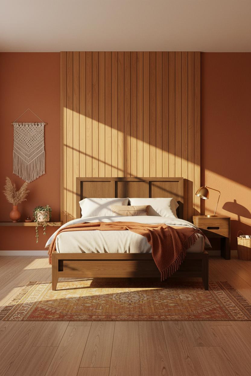 Mid Century Bedroom Boho Eclectic Cognac Shiplap