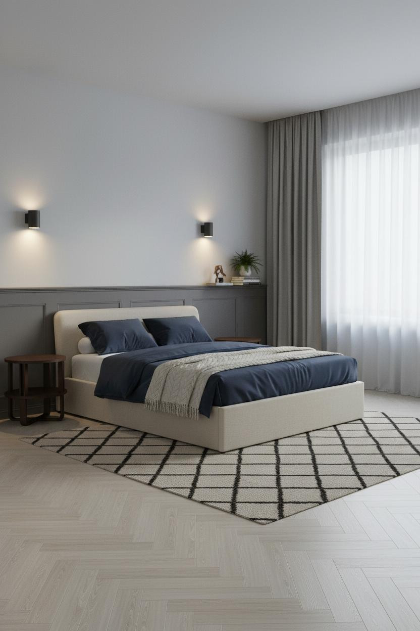 Mid Century Bedroom Gray Wainscoting Design