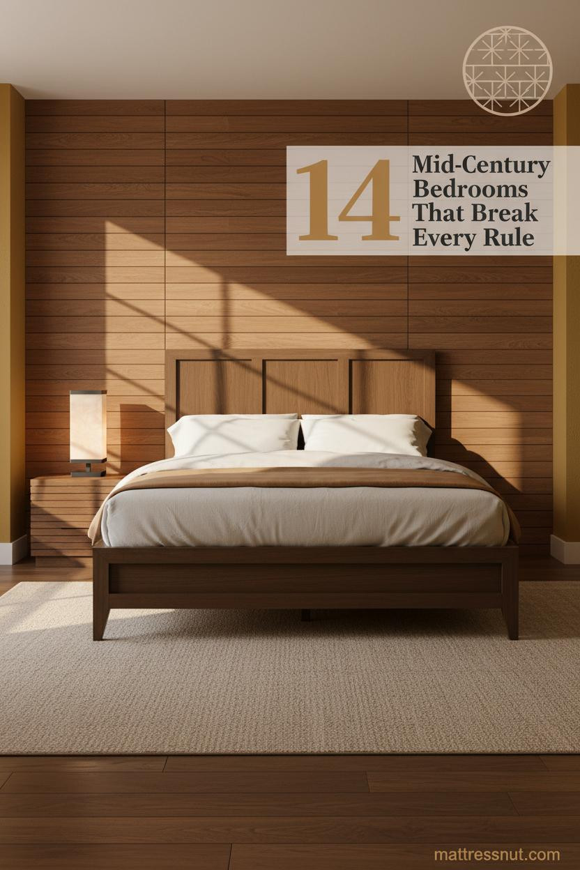 Mid-century modern bedroom with honey walnut slat headboard wall, mustard plaster, oatmeal percale bedding, camel wool throw, and brass sculptural lamp