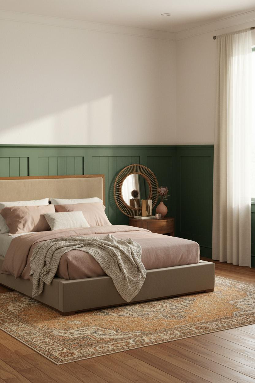 Mid Century Bedroom Moss Green Paneling