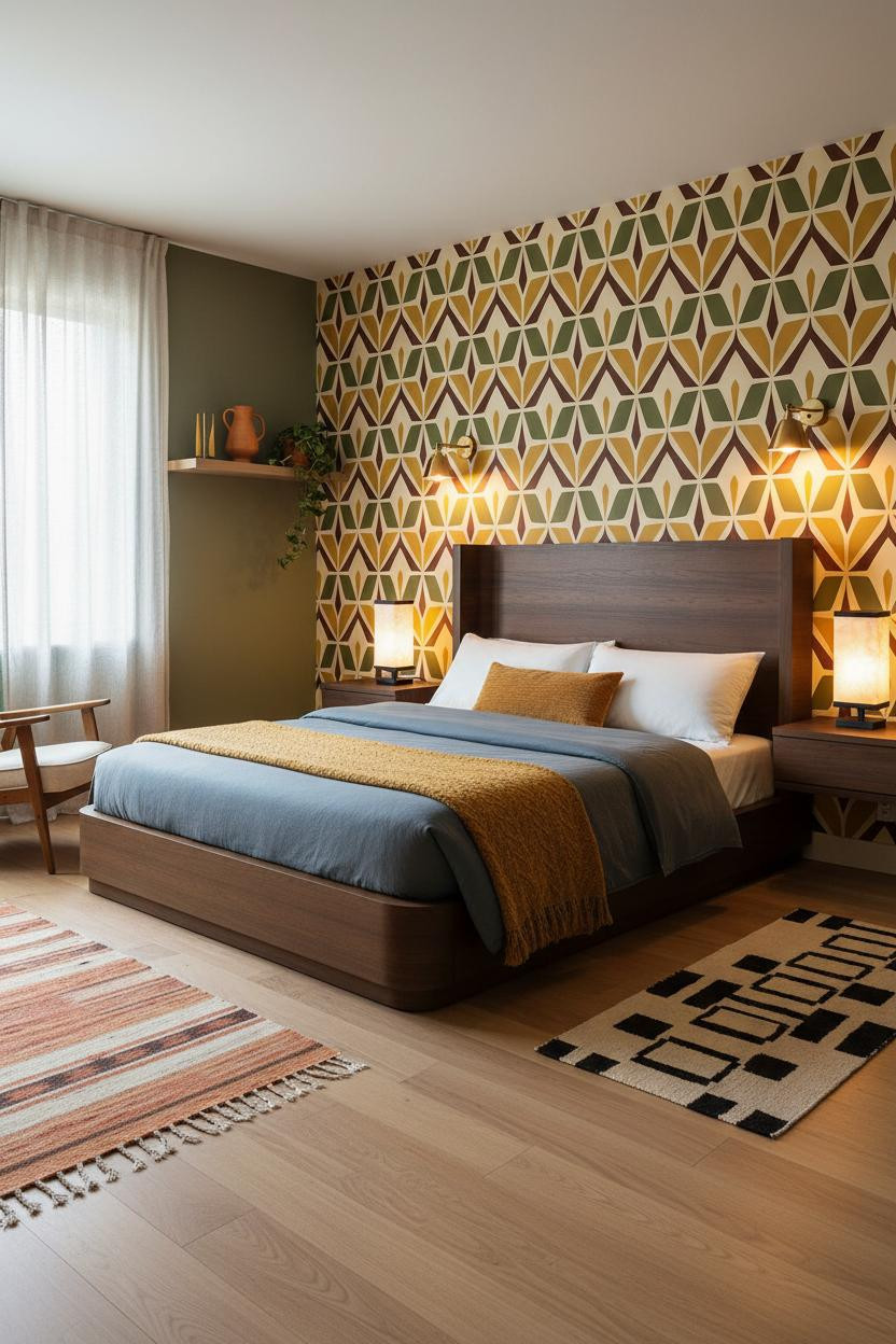 Mid Century Eclectic Bedroom Geometric Wallpaper Vintage