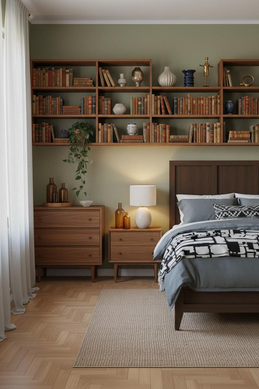 Mid Century Eclectic Bedroom Maximalist Shelving