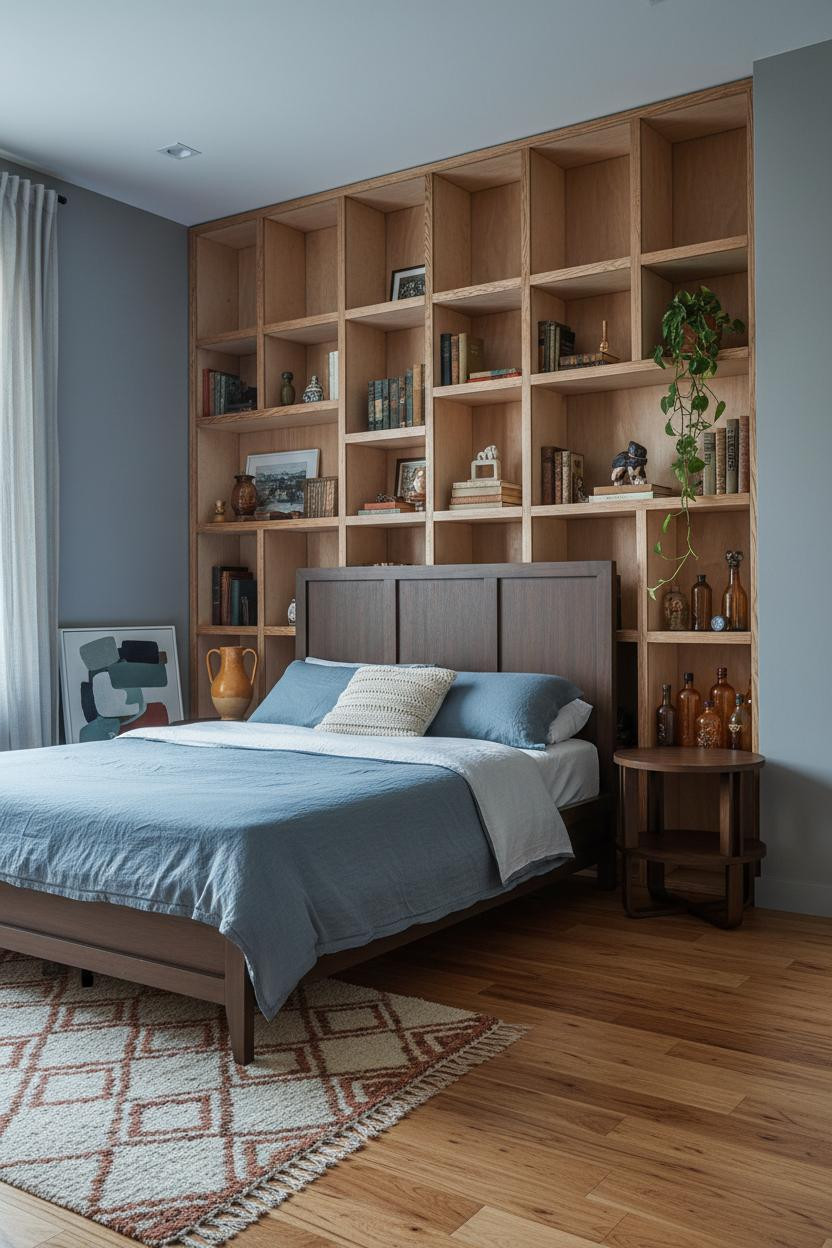 Mid Century Eclectic Bedroom Maximalist Shelving
