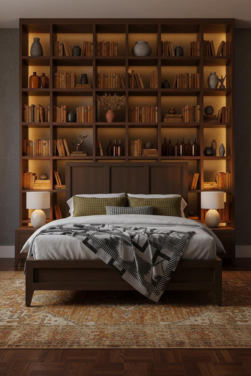 Mid Century Eclectic Bedroom Maximalist Shelving