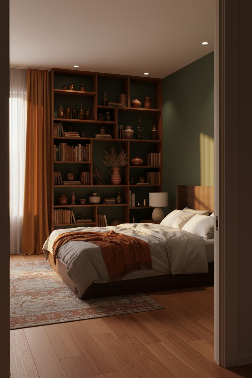 Mid Century Eclectic Bedroom Maximalist Shelving