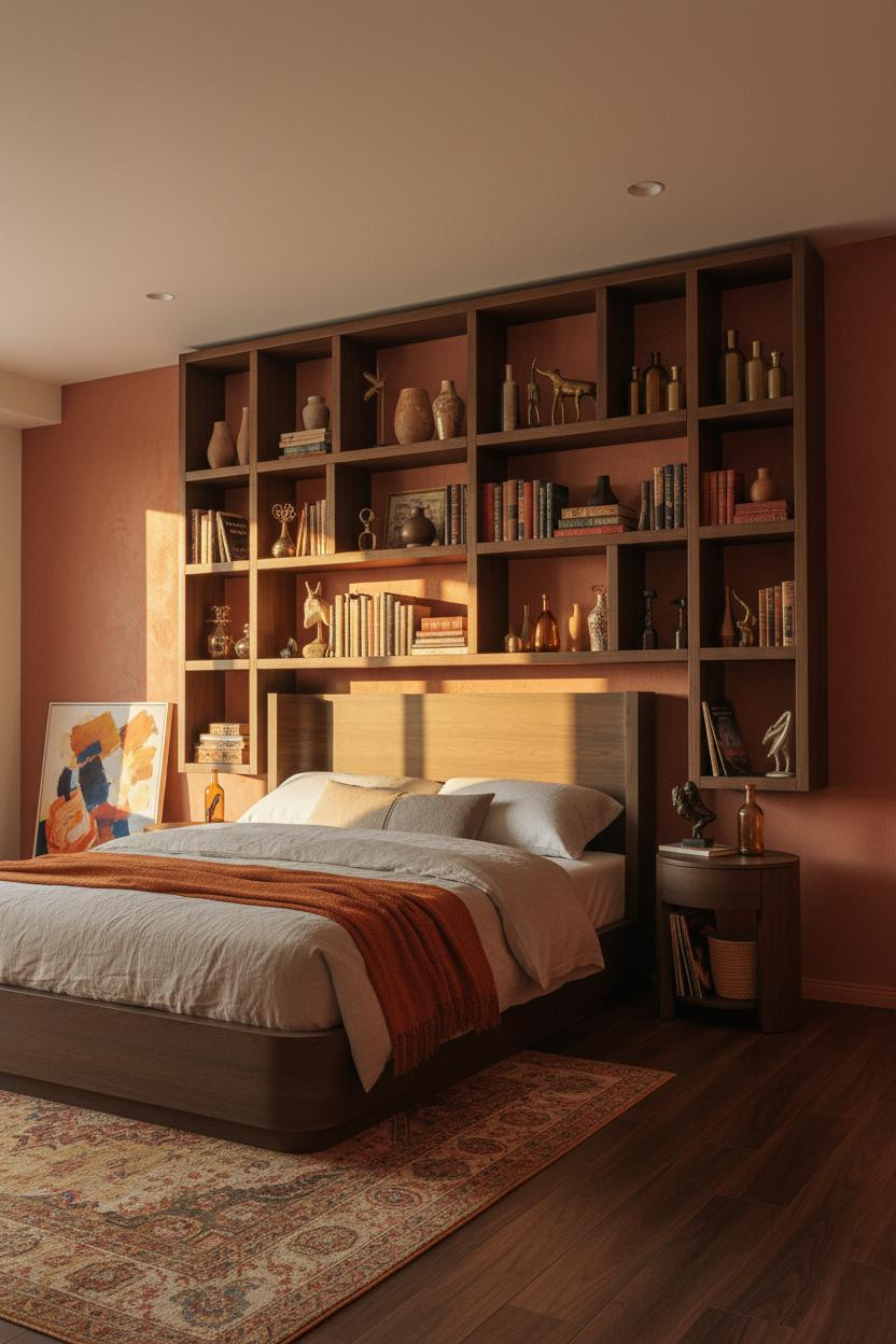 Mid Century Eclectic Bedroom Shelving Maximalism