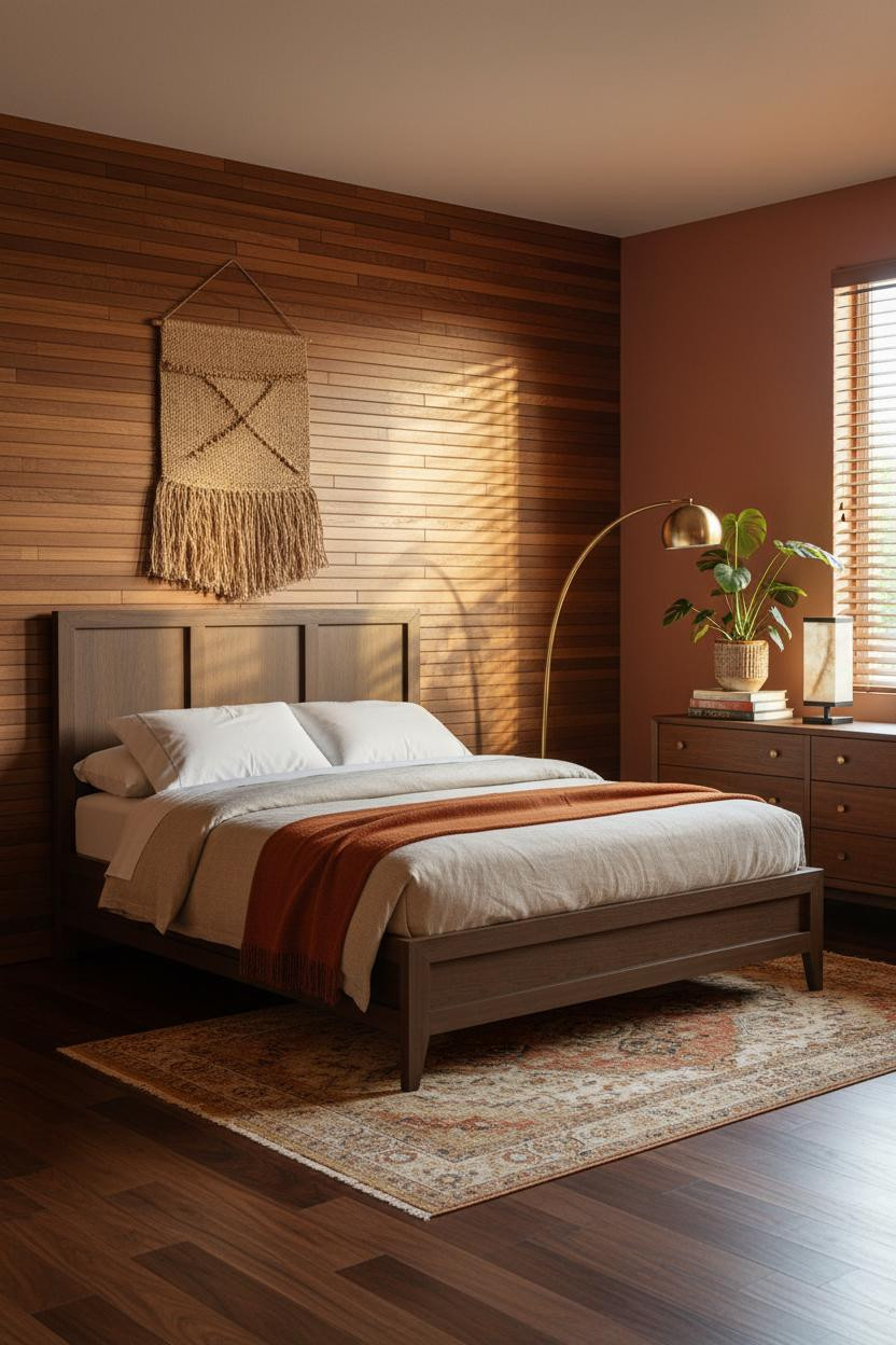 Mid Century Eclectic Bedroom Walnut Paneling
