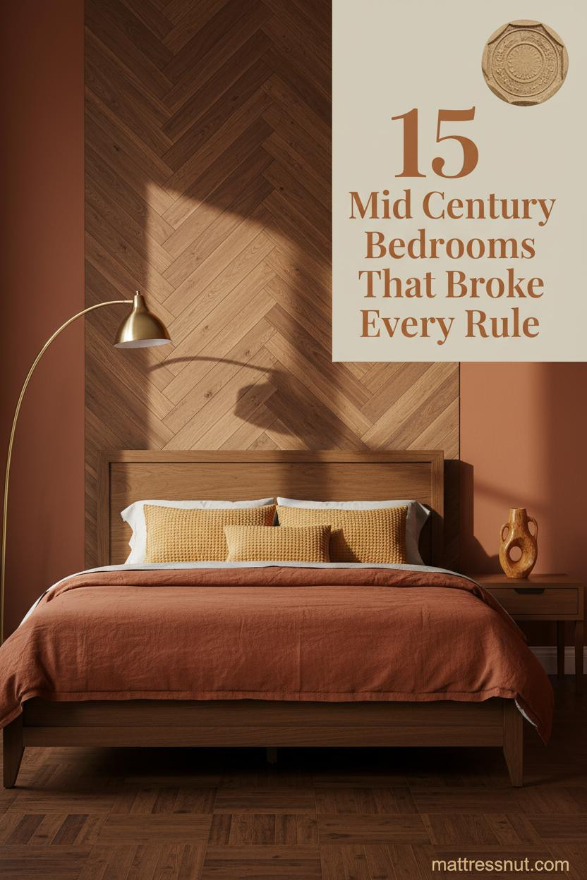 Mid century eclectic bedroom with walnut herringbone accent wall, rust linen duvet, ochre pillows, teak nightstand, and warm brass arc lamp