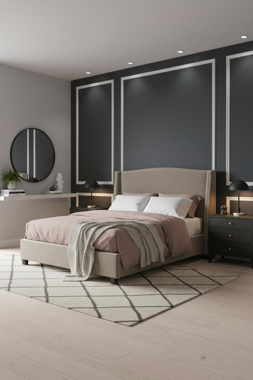Minimal Luxury Bedroom Charcoal Paneling Modern