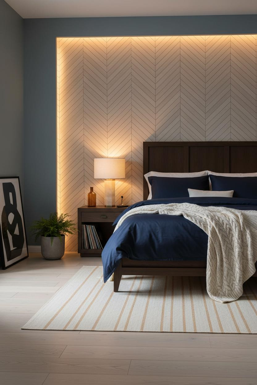 Minimal Luxury Bedroom Herringbone Wood Wall