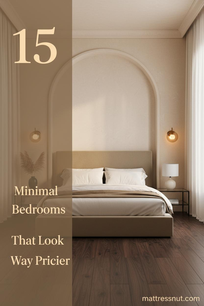 Minimal luxury master bedroom with pale plaster arched headwall, ivory linen bedding, dark walnut floors, and warm diffused afternoon light