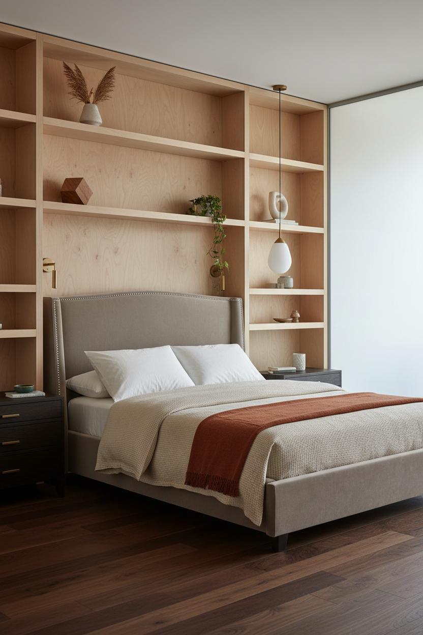 Minimalist Bedroom Birch Shelving Warm Light