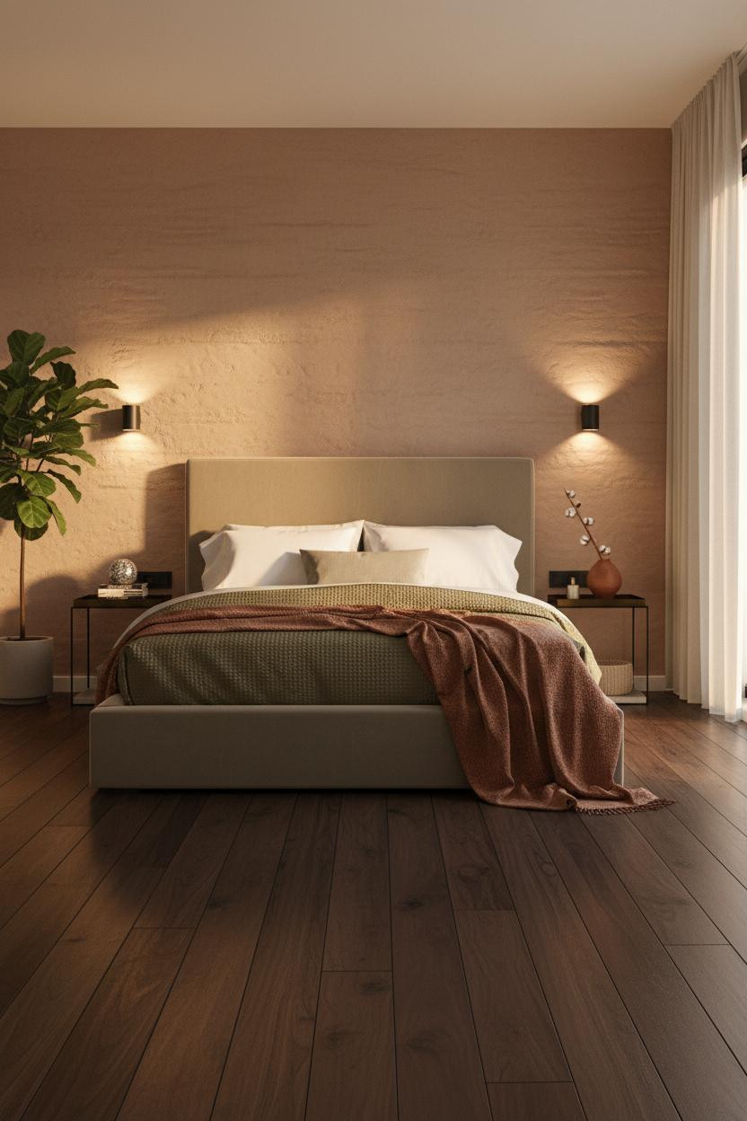 Minimalist Bedroom Clay Accent Wall Natural Light