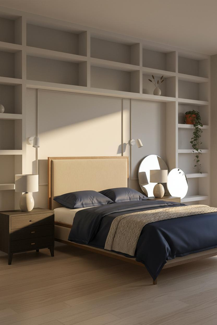 Minimalist Bedroom Design Oak Shelving