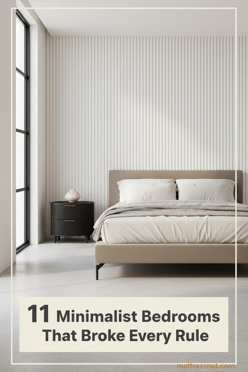 Minimalist bedroom with white oak slatted wall panels, pale concrete floors, ivory linen bedding, and a single ceramic vase on a black nightstand