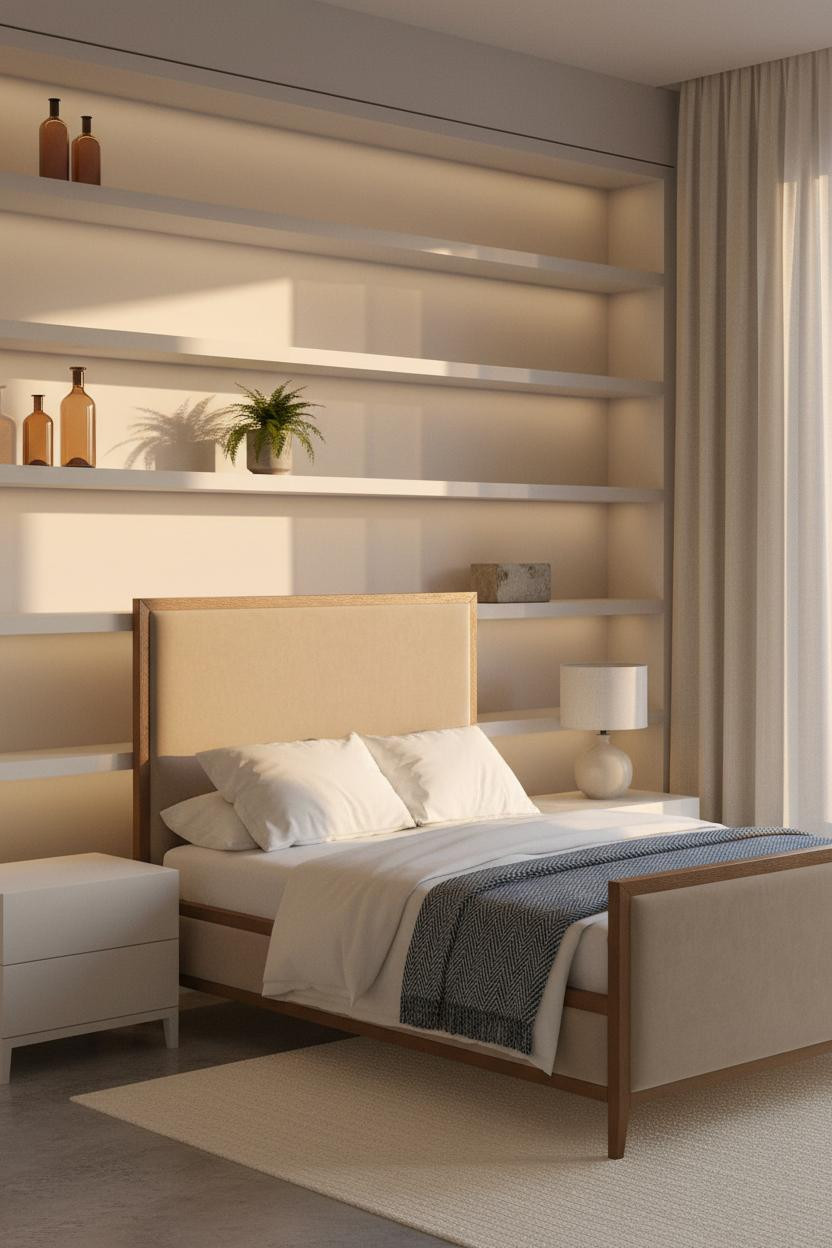 Minimalist Bedroom Floating Shelves Warm Lighting