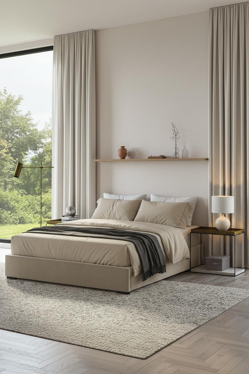 Minimalist Bedroom Light Oak Shelf Warm Lighting