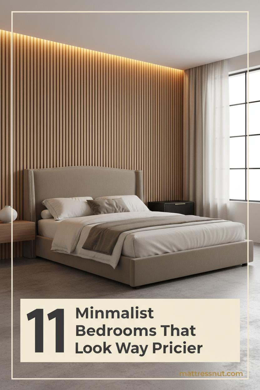 Loft bedroom with slatted oak accent wall, low platform bed in ivory linen, concrete floors, and warm amber cove lighting at 2700K
