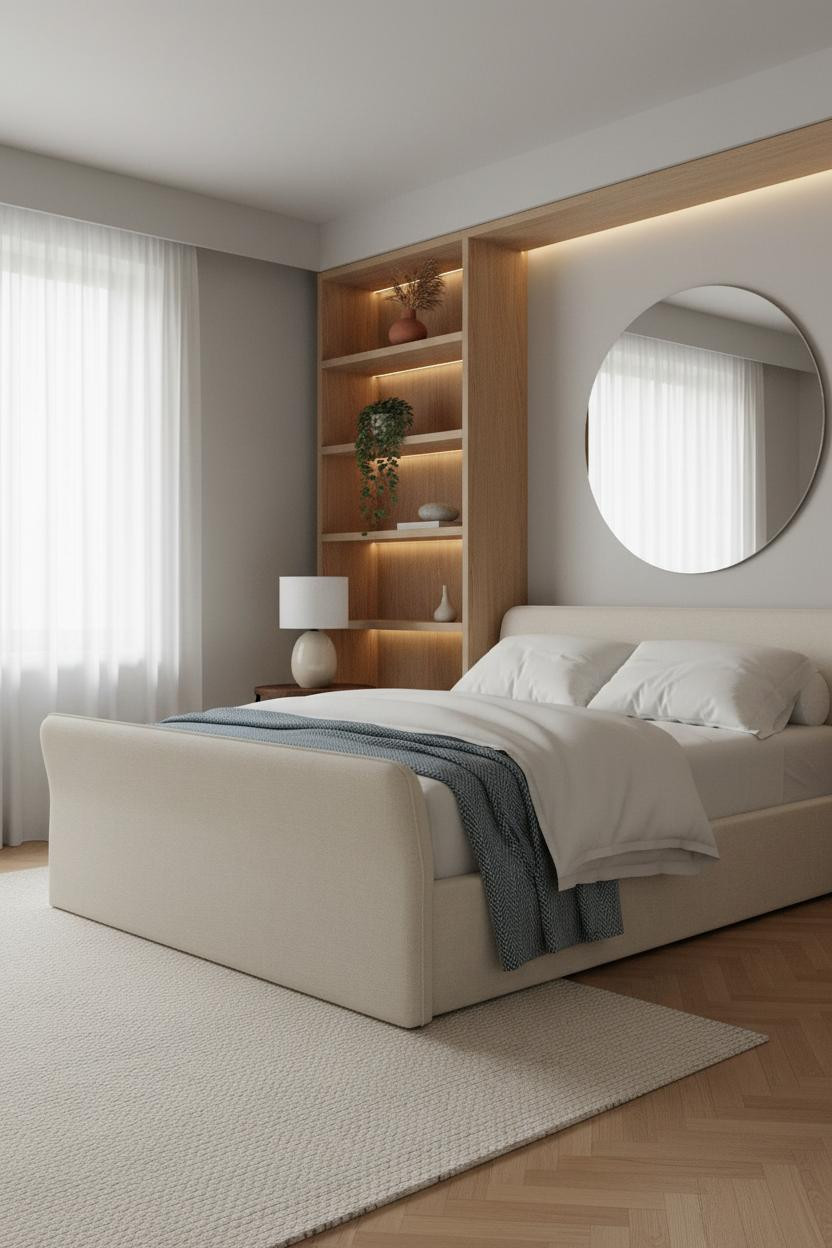 Minimalist Bedroom Oak Shelving Warm Neutral