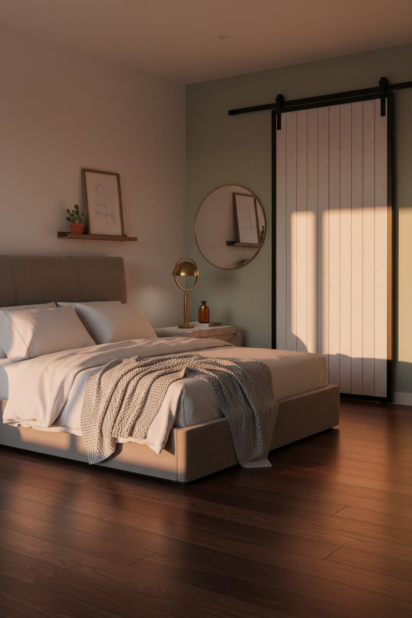 Minimalist Bedroom Sage Green Barn Door