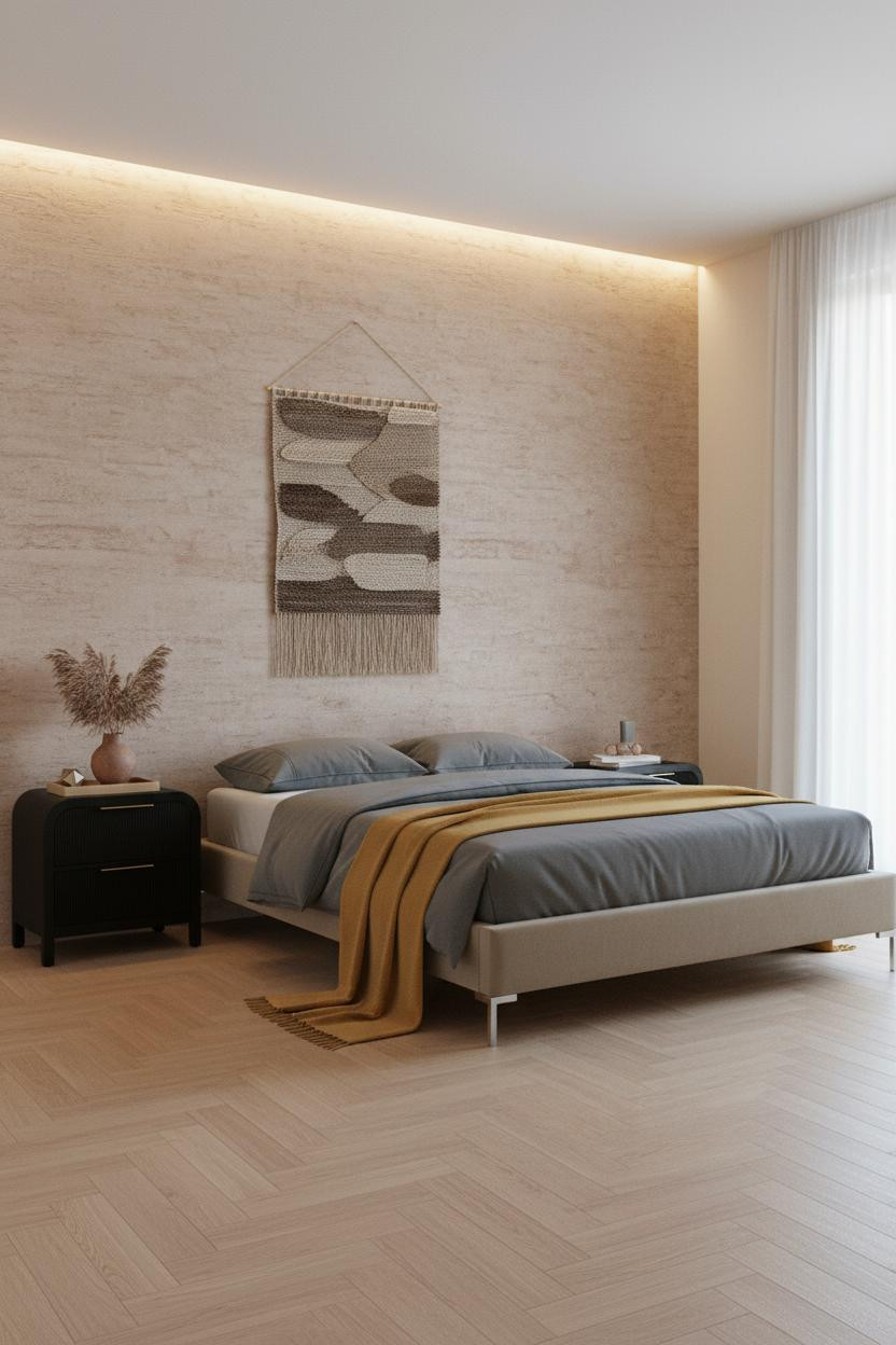 Minimalist Bedroom Textured Plaster Oak Floor