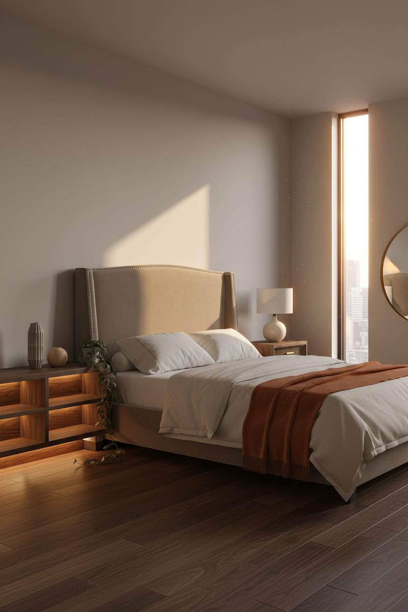 Minimalist Bedroom Walnut Shelf Warm Lighting