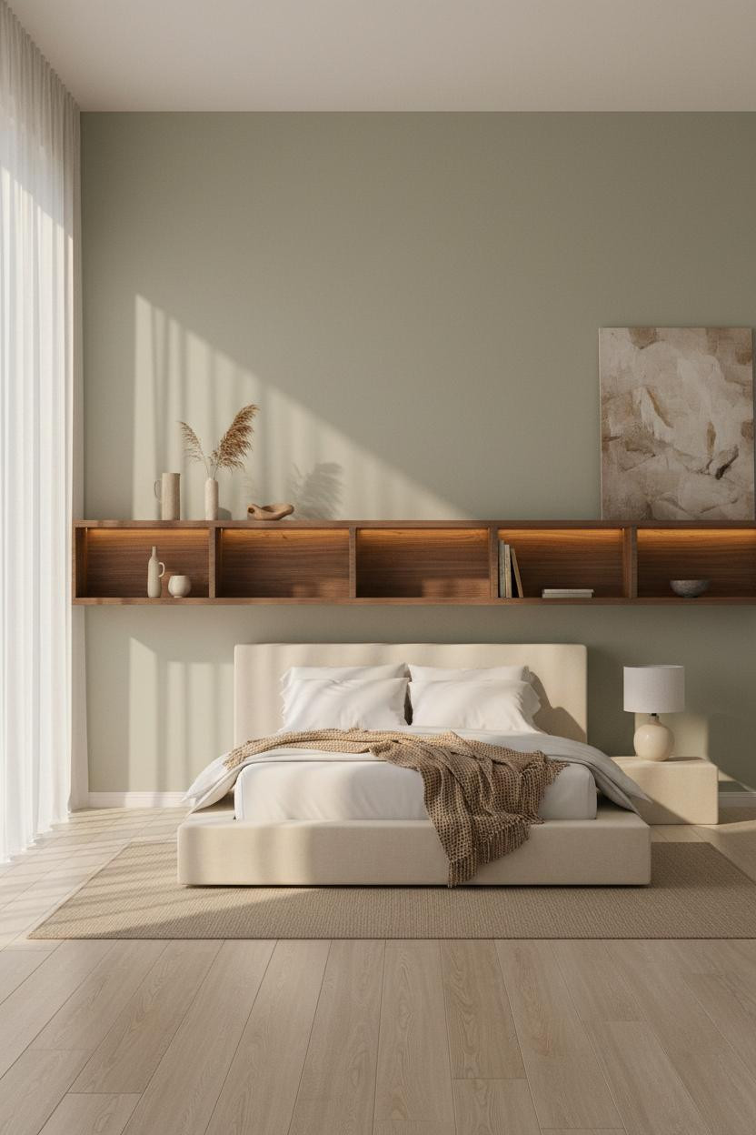 Minimalist Bedroom Walnut Shelving Natural Light