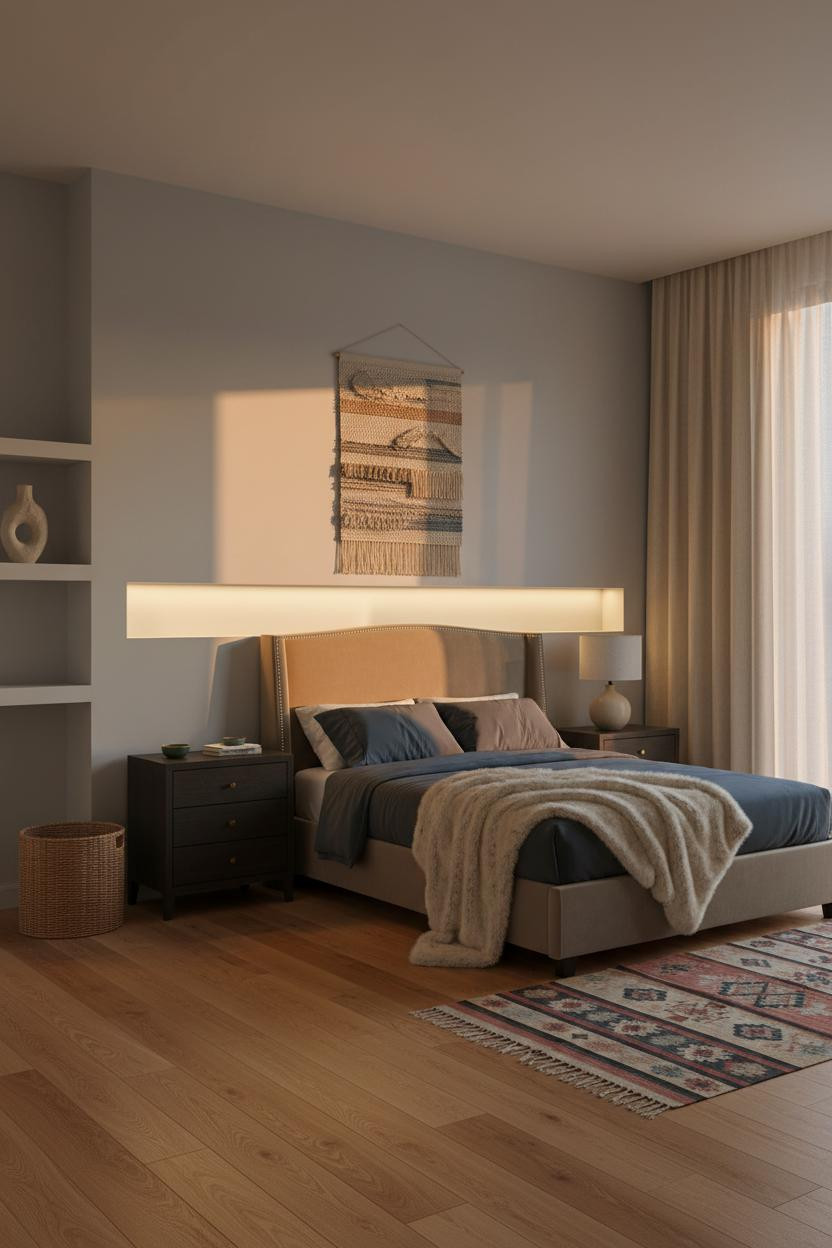 Minimalist Bedroom Warm Backlit Headwall