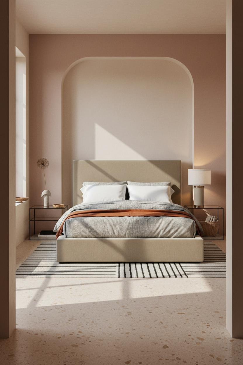 Minimalist Bedroom Warm Terrazzo Natural Light