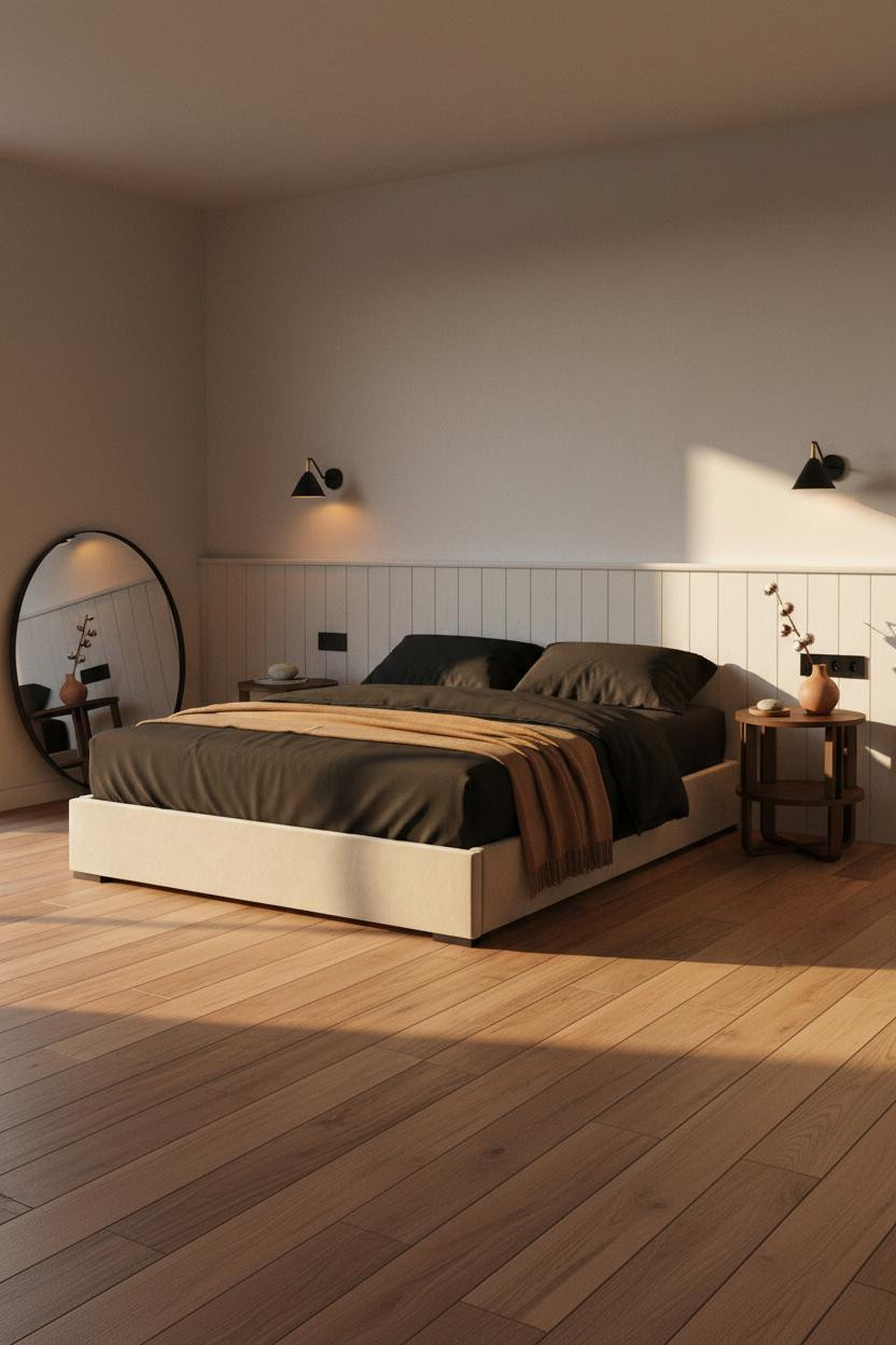 Minimalist Bedroom Warm Wood Wainscoting