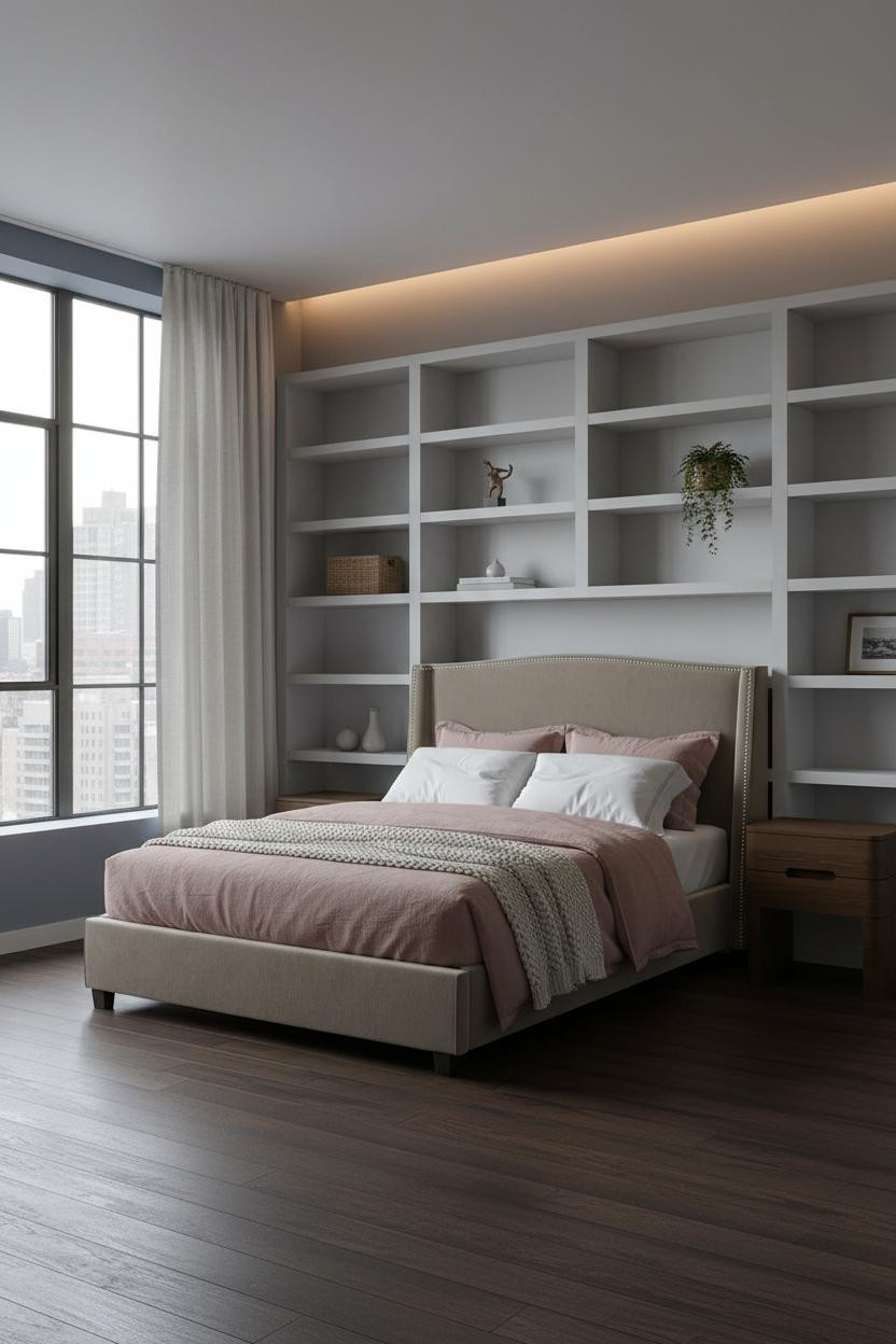 Minimalist Loft Bedroom Built In Shelves