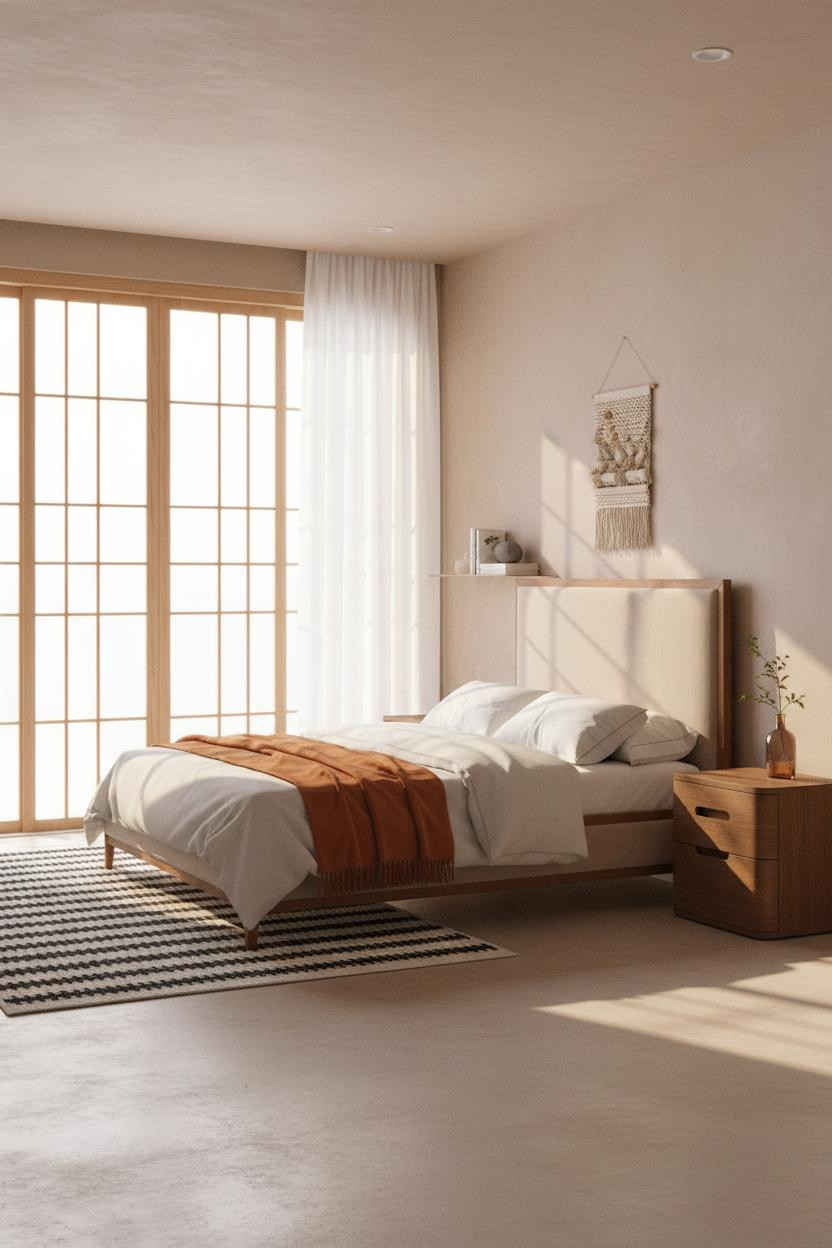 Minimalist Loft Bedroom Japandi Wood Panels
