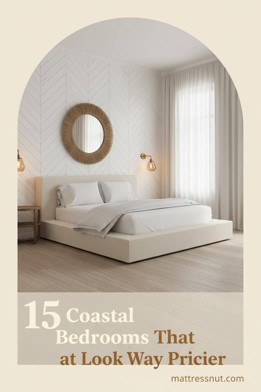 Pale coastal bedroom with whitewashed herringbone oak accent wall, cream linen bedding, woven seagrass mirror, and warm amber sconce lighting
