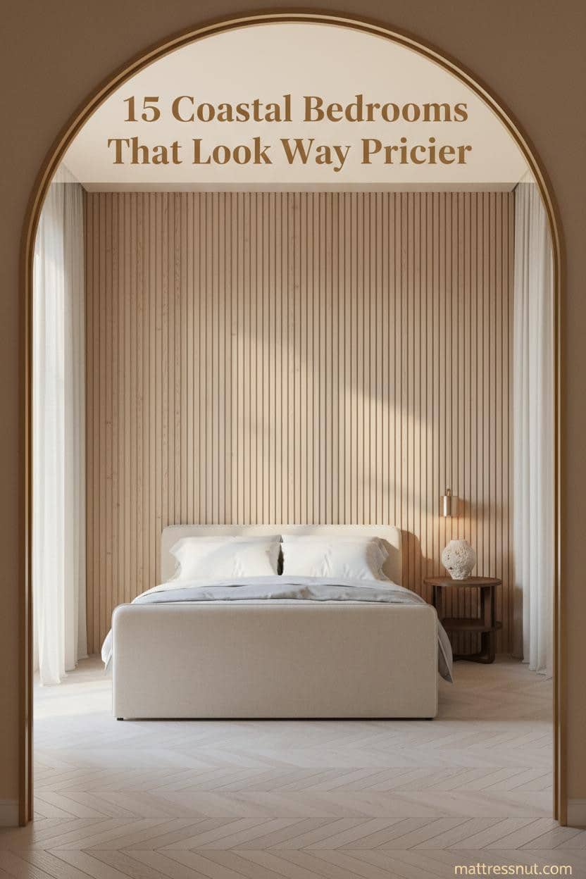 Modern coastal bedroom with fluted bleached oak accent wall, pale herringbone floors, sheer linen curtains, and a raw ceramic vessel on walnut nightstand