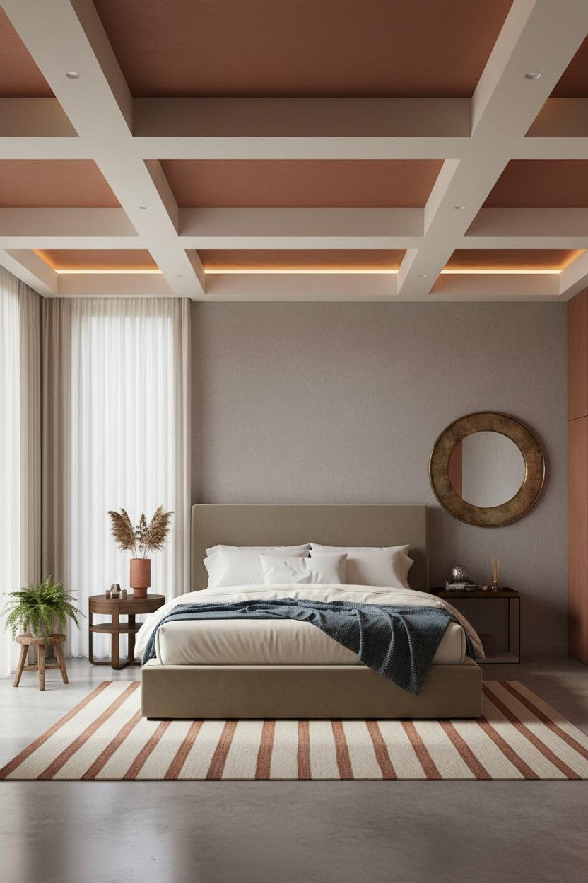 Modern Eclectic Bedroom Coffered Ceiling Brass