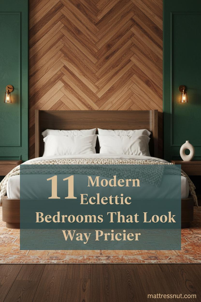 Modern eclectic bedroom with herringbone chestnut accent wall, forest green limewash plaster, ivory linen bedding, amber rug, and warm Edison sconces