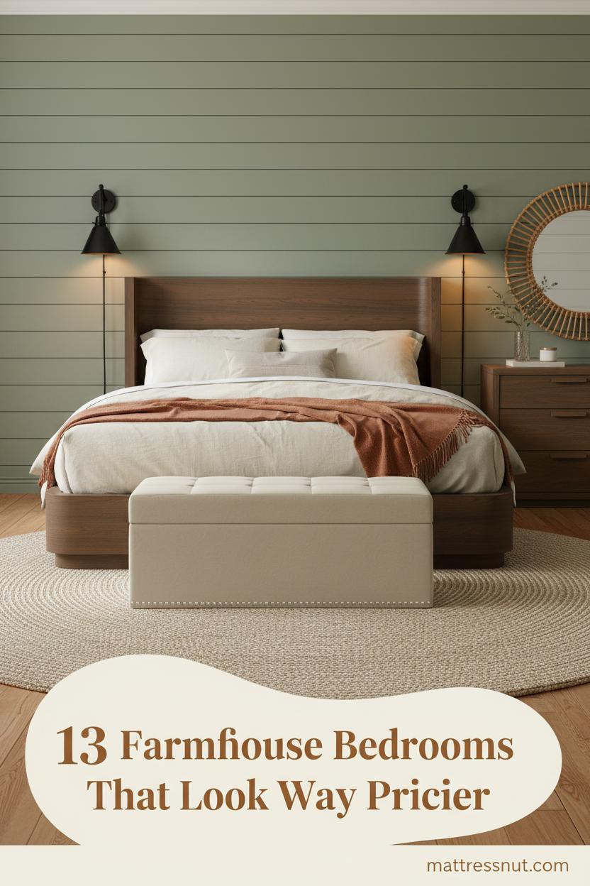 Sage shiplap accent wall with cream linen bedding, rust wool throw, rattan mirror, jute rug, and warm black iron sconces in farmhouse bedroom