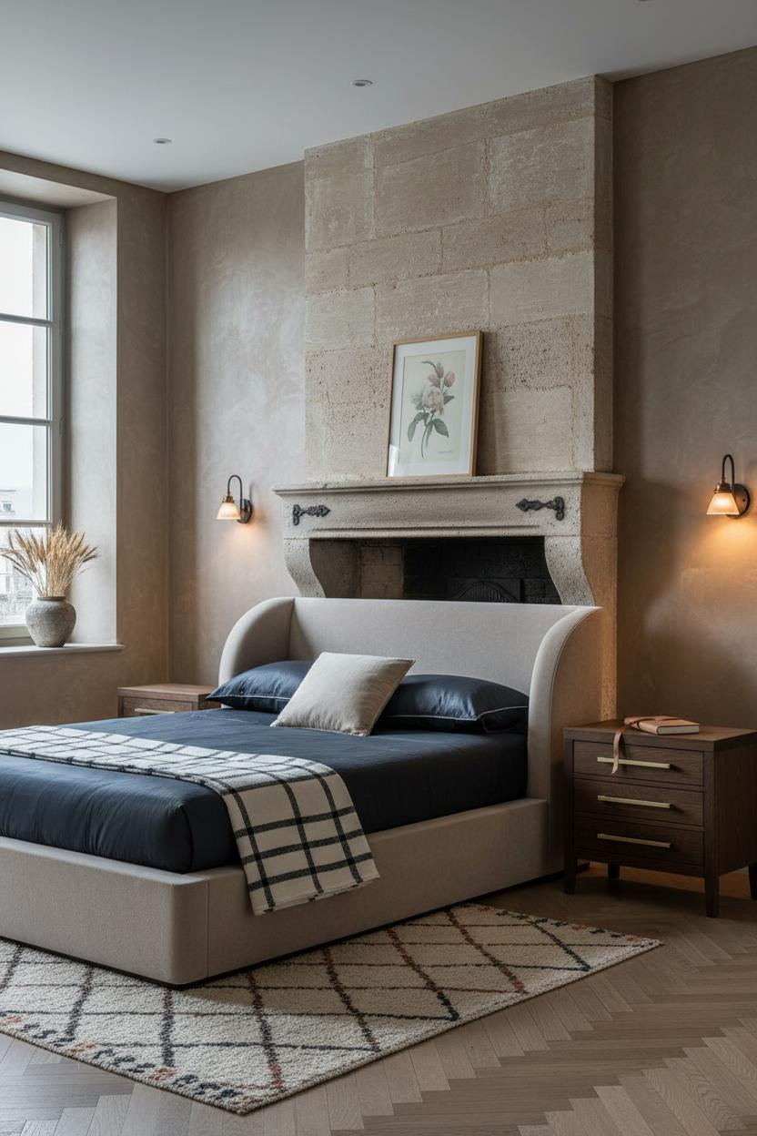 Modern French Bedroom Stone Fireplace Morning Light