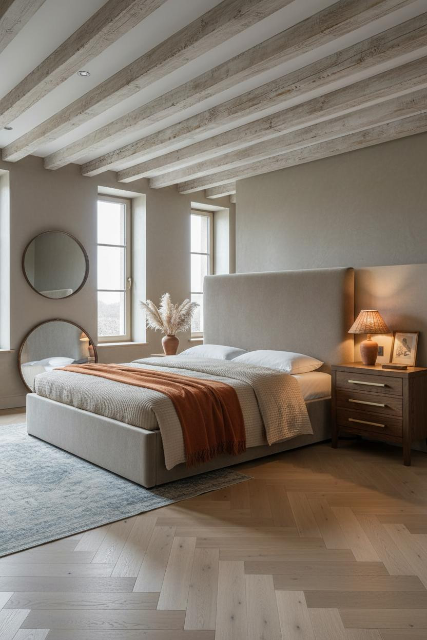 Modern French Country Bedroom Exposed Beams Vintage Rug