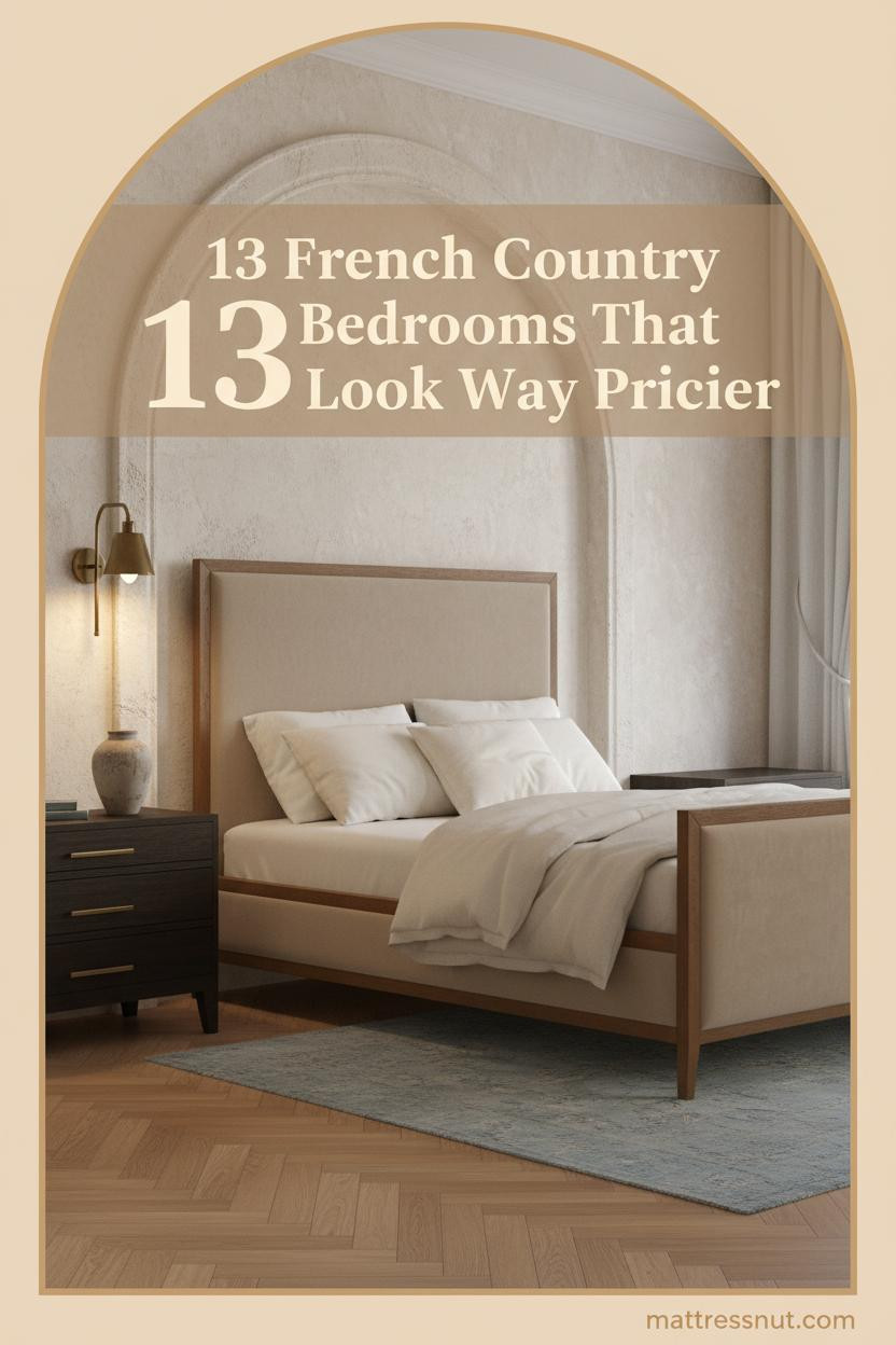 French country bedroom with ivory plaster arch, herringbone oak floors, cream linen bedding, dusty blue rug, and warm antique brass sconces