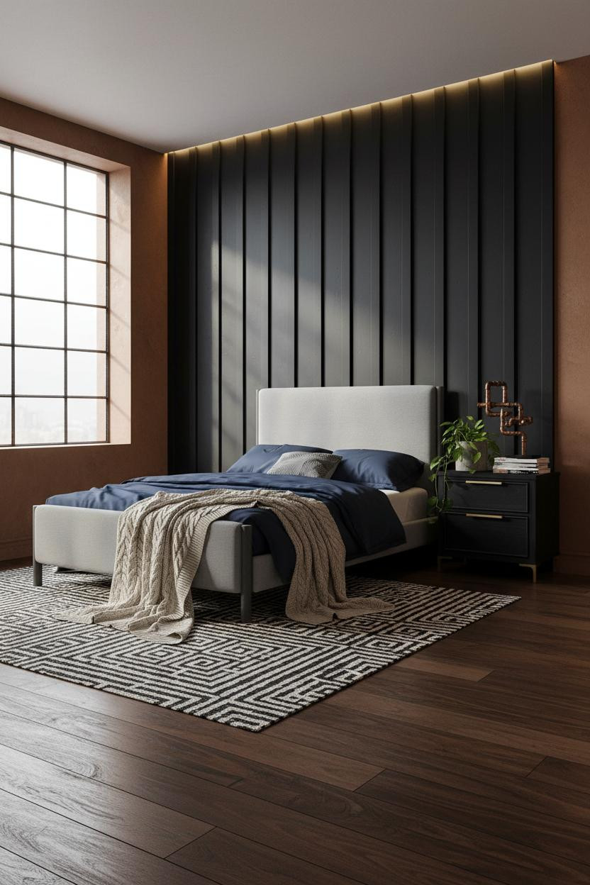 Modern Industrial Bedroom Black Accent Wall