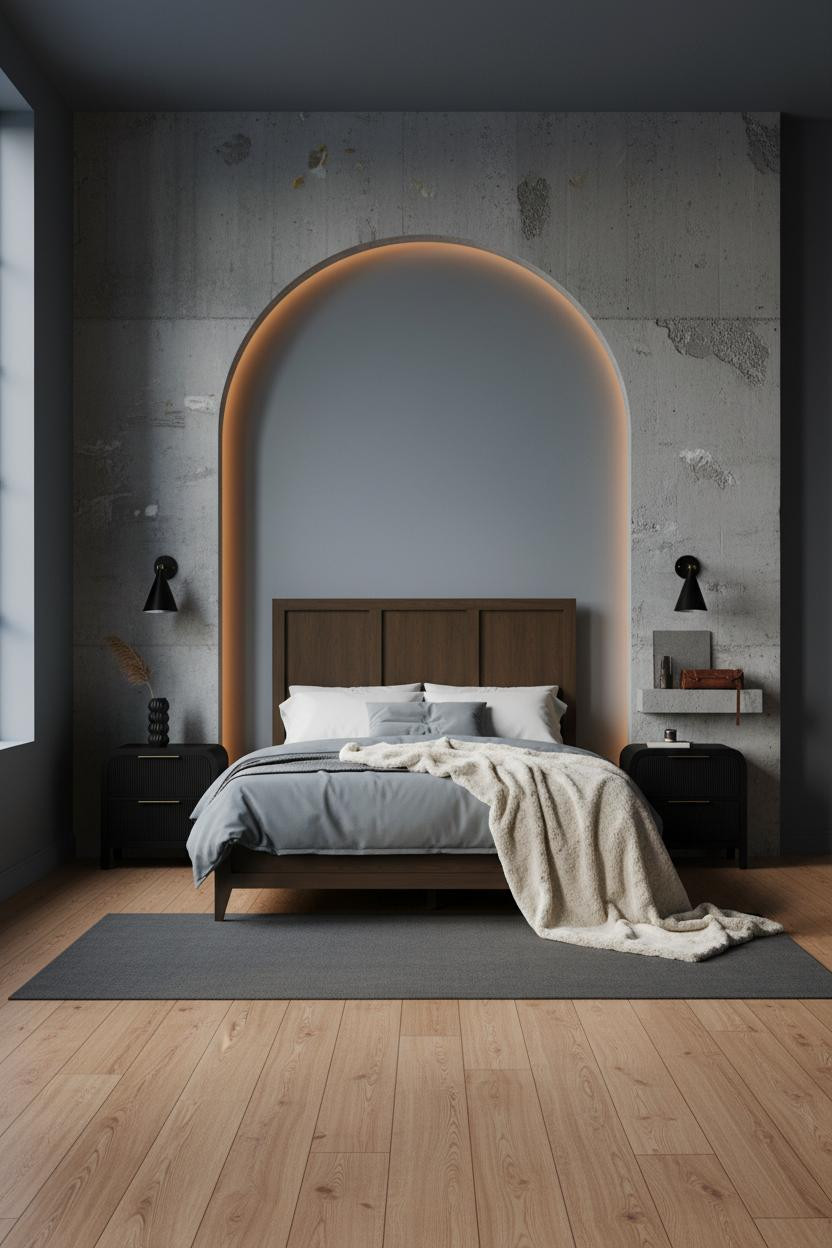 Modern Industrial Bedroom Concrete Arch Niche