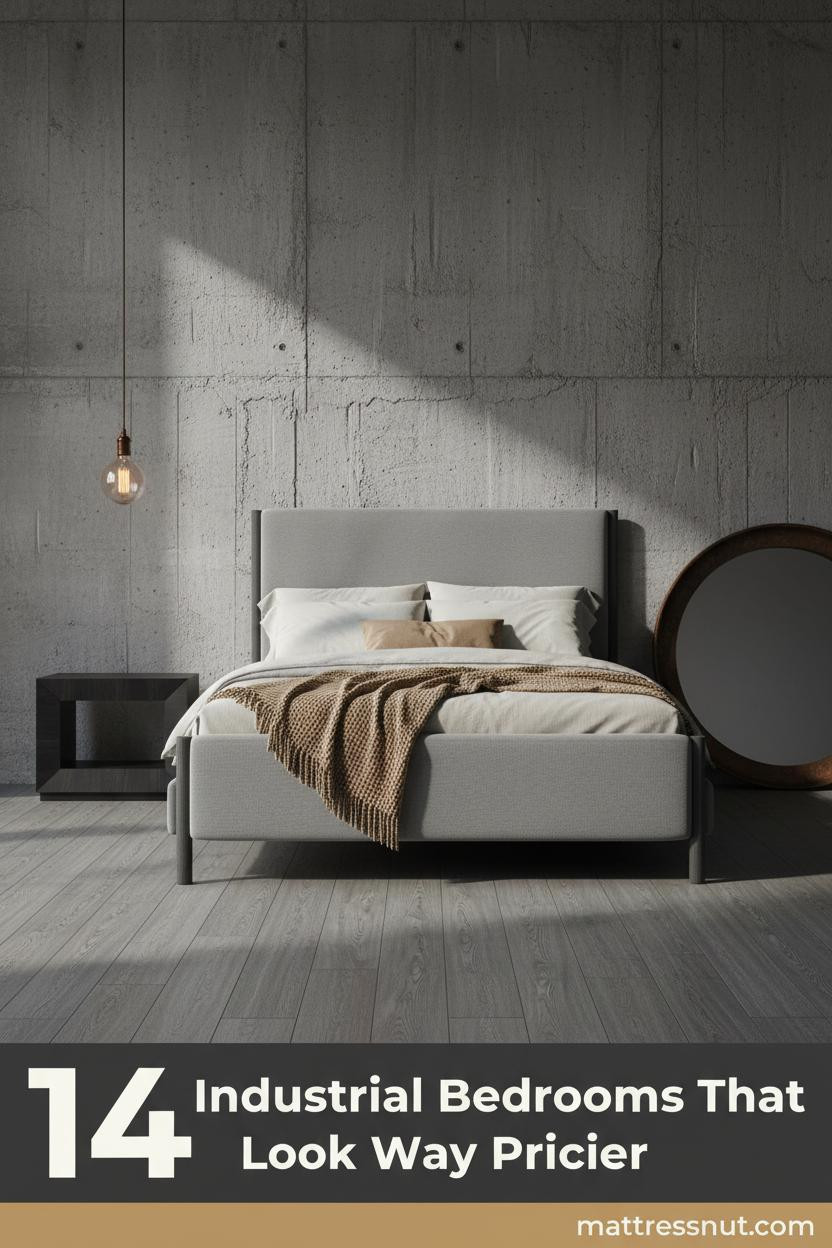 Dark industrial bedroom with raw concrete wall, grey-washed oak floor, cream linen bedding, camel wool throw, and warm Edison pendant lighting