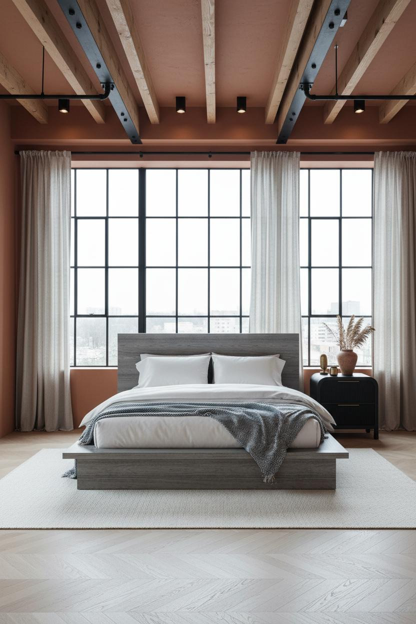 Modern Industrial Bedroom Exposed Beams Loft